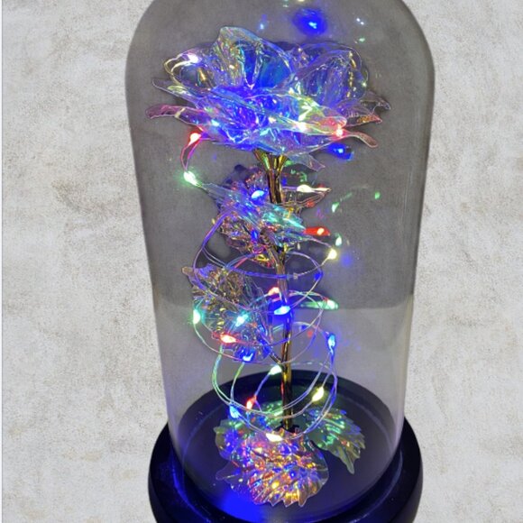 LOVE FOREVER LED ROSE -- Metallic Rose Inside Glass Dome, Lighted, LED, Like New - Picture 8 of 14